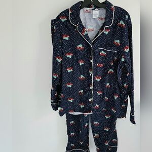Land's End Christmas Navy Flannel Pajama Set Plaid Camper